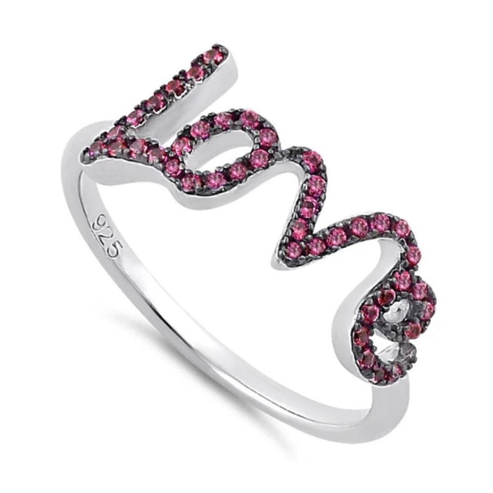 New Sterling Silver Love Script Ruby CZ Ring